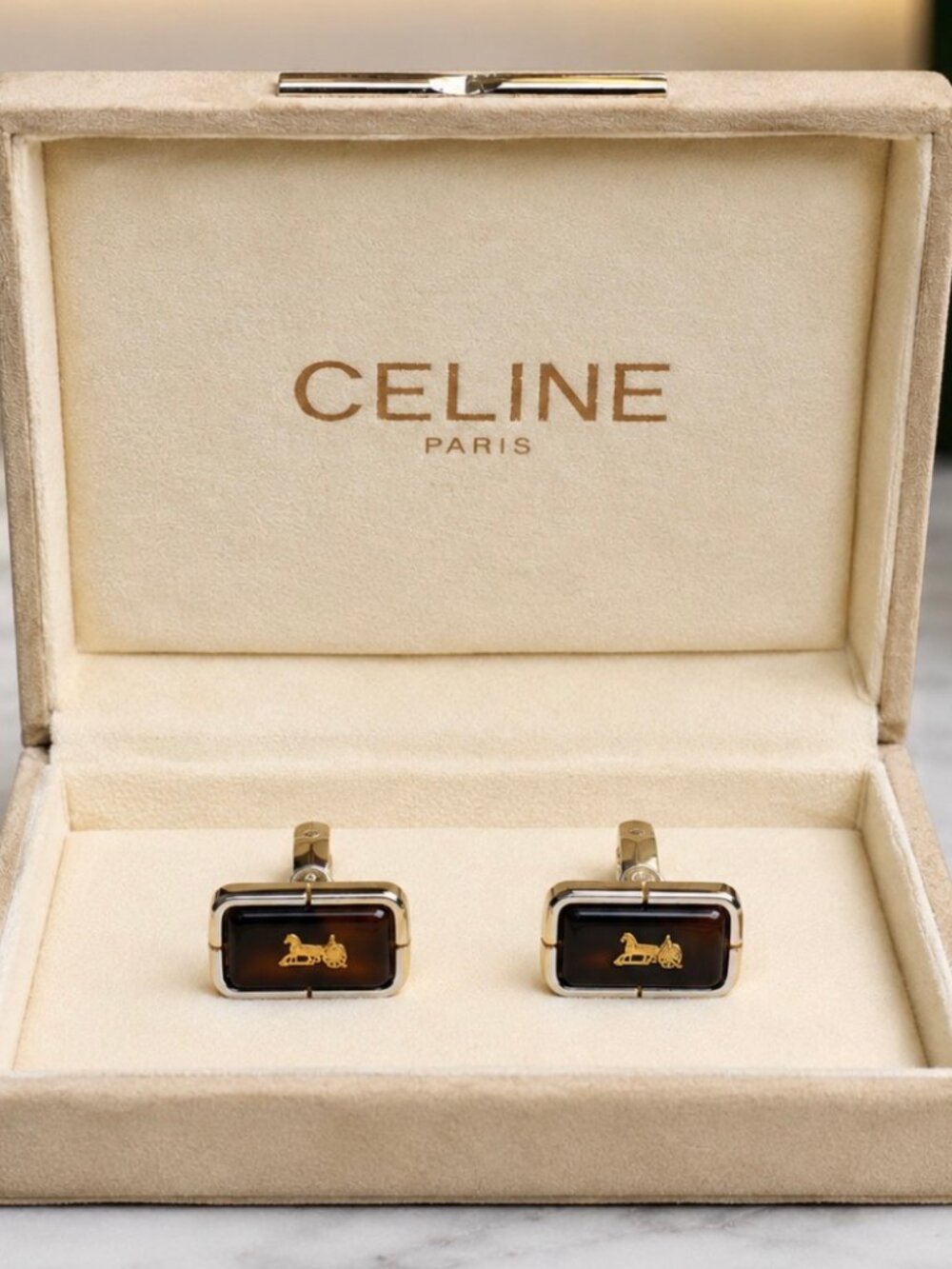 Vintage Celine Paris Horse & Carriage Cufflinks with Original Box